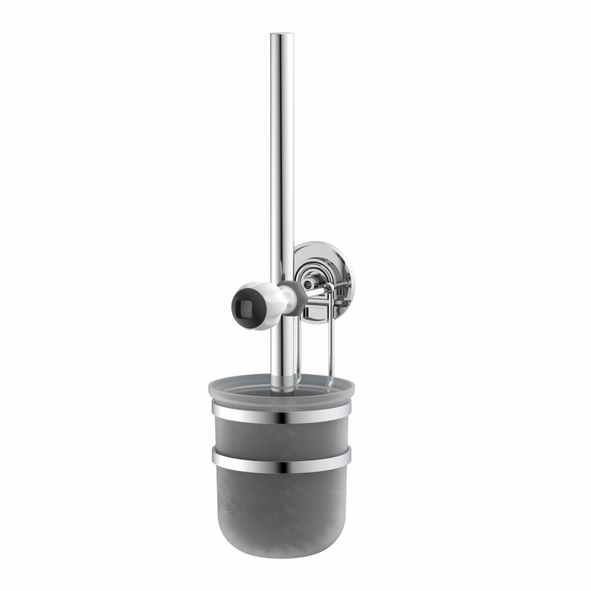 Wandhalterung mit WC-Bürste und satiniertem Glasbehälter aus Metall und Kunststoff.