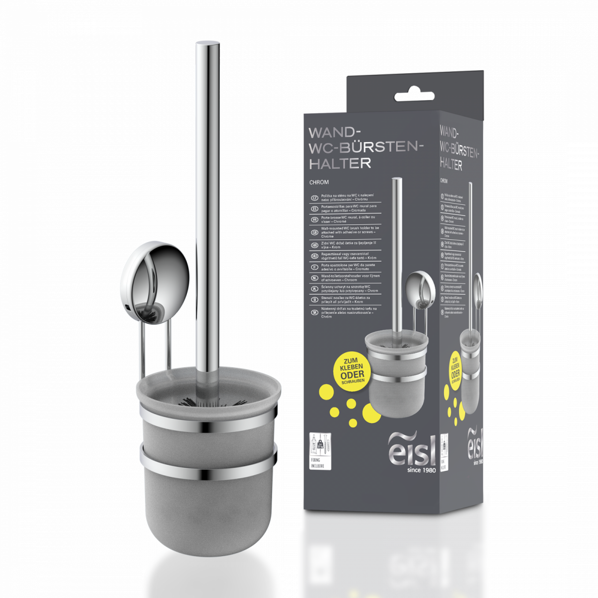 Wandmontierter WC-Bürstenhalter aus Chrom mit grauem Becher und passender Verpackung.