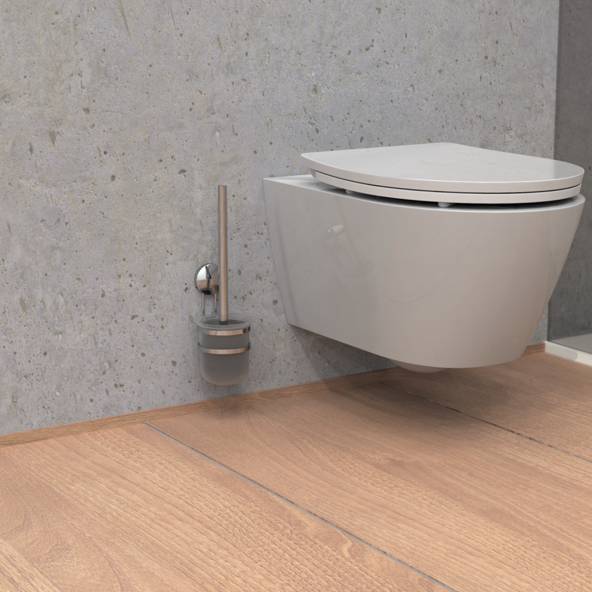 Wandhängende Toilette mit geschlossenem Deckel und Wandhalterung für WC-Bürste.