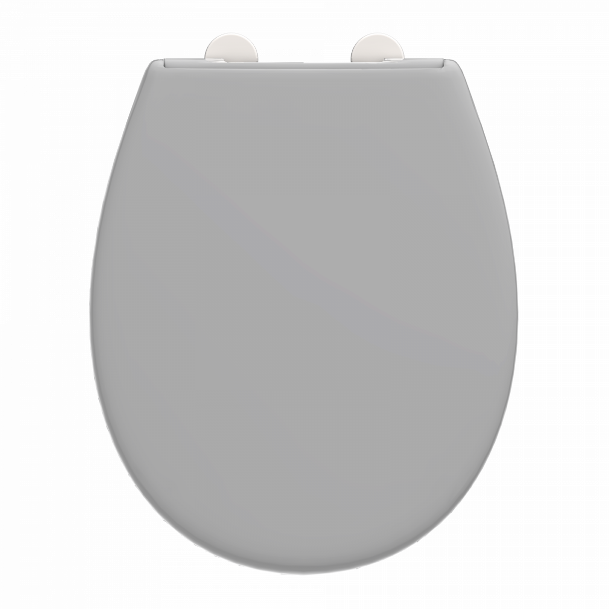 Grauer WC-Sitz mit abgerundeter Form und sichtbaren Scharnieren oben.