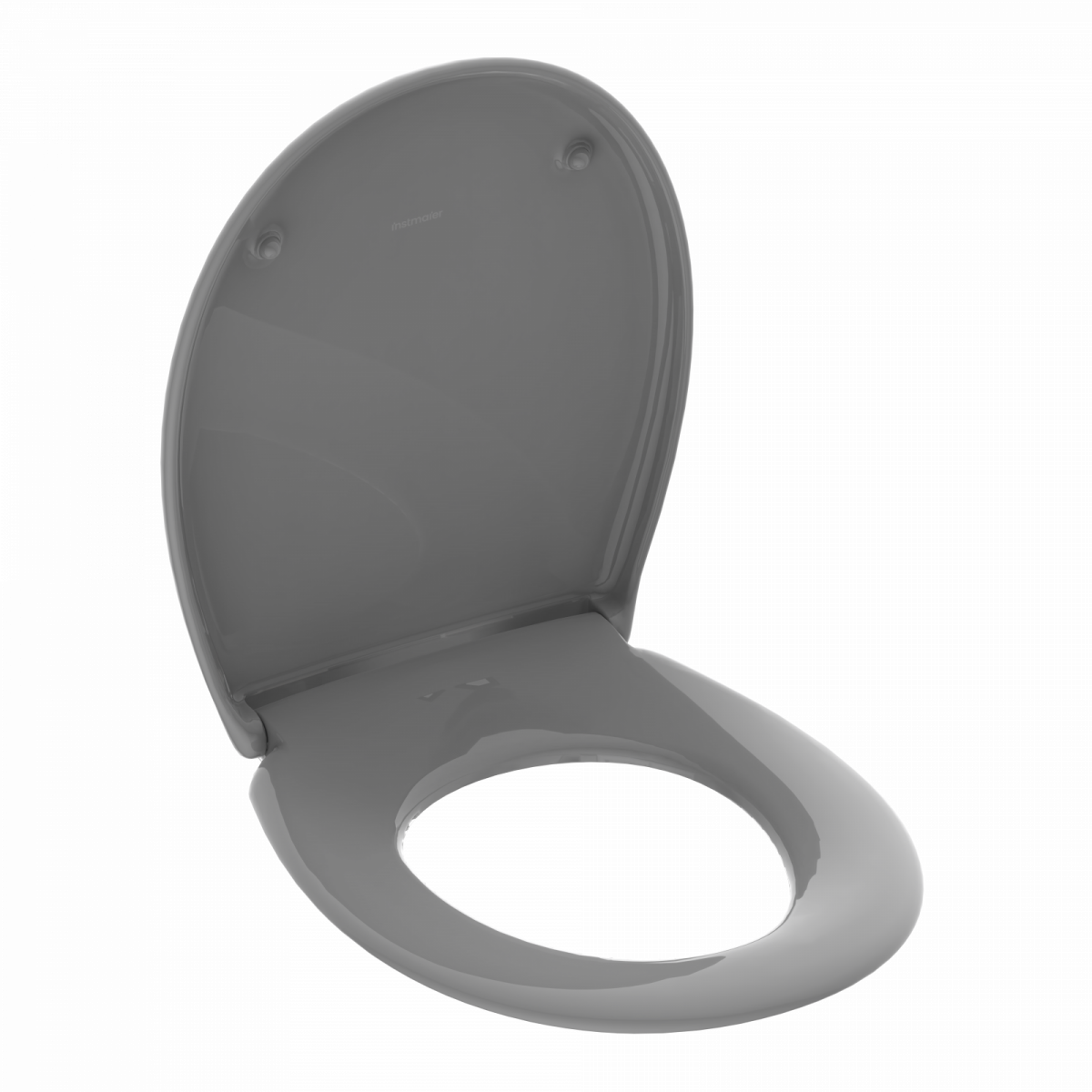 Grauer Toilettensitz mit hochgeklapptem Deckel auf weißem Hintergrund.