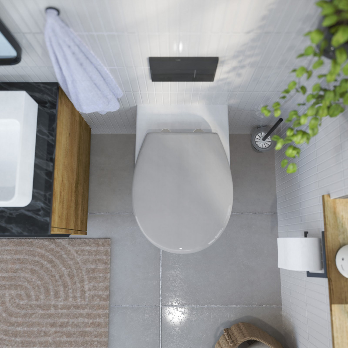 Wandhängende Toilette mit WC-Sitz in grau in einem Badezimmer
