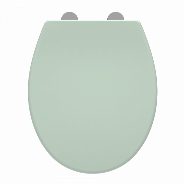 Hellgrüner ovaler WC-Sitz mit geschlossener Abdeckung und sichtbaren Scharnieren.