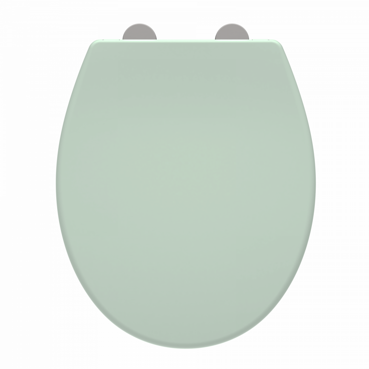 Hellgrüner ovaler WC-Sitz mit geschlossener Abdeckung und sichtbaren Scharnieren.