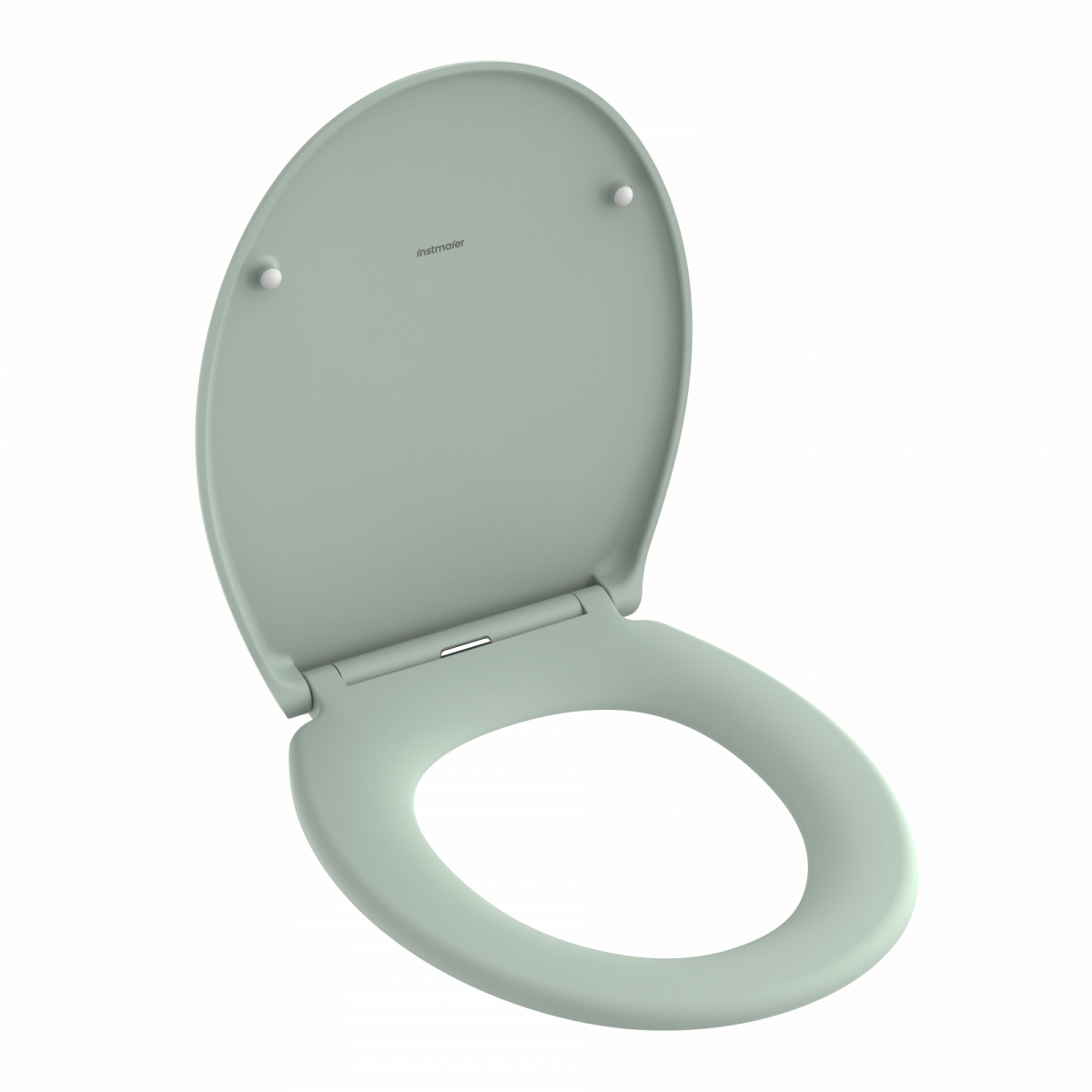 Hellgrüner WC-Sitz mit offenem Deckel und ovaler Sitzfläche.