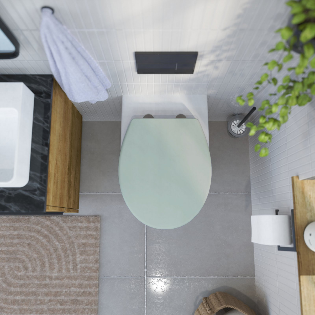 Wandmontierte Toilette mit türkisem WC-Sitz in einem modernem Bad