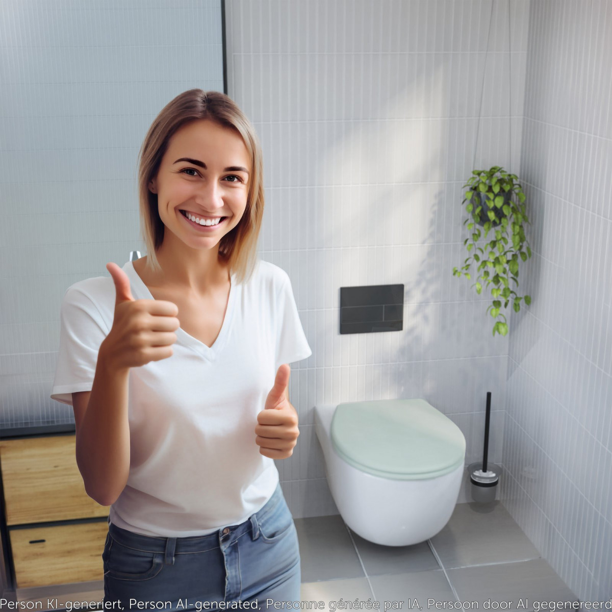 Person mit weißem T-Shirt zeigt Daumen hoch in modernem Badezimmer mit Wand-WC.