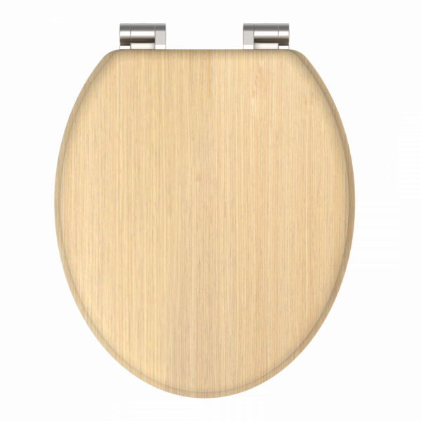 Runder WC-Sitz aus hellem Holz mit silberfarbenen Metallscharnieren