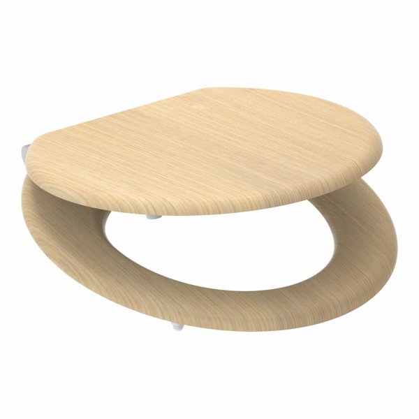 Hellbeiger Toilettensitz aus Holz mit geschlossener Deckel- und Sitzfläche.