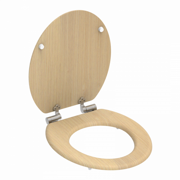 Beiger WC-Sitz mit Holzstruktur und silbernen Metallscharnieren, Deckel geöffnet.