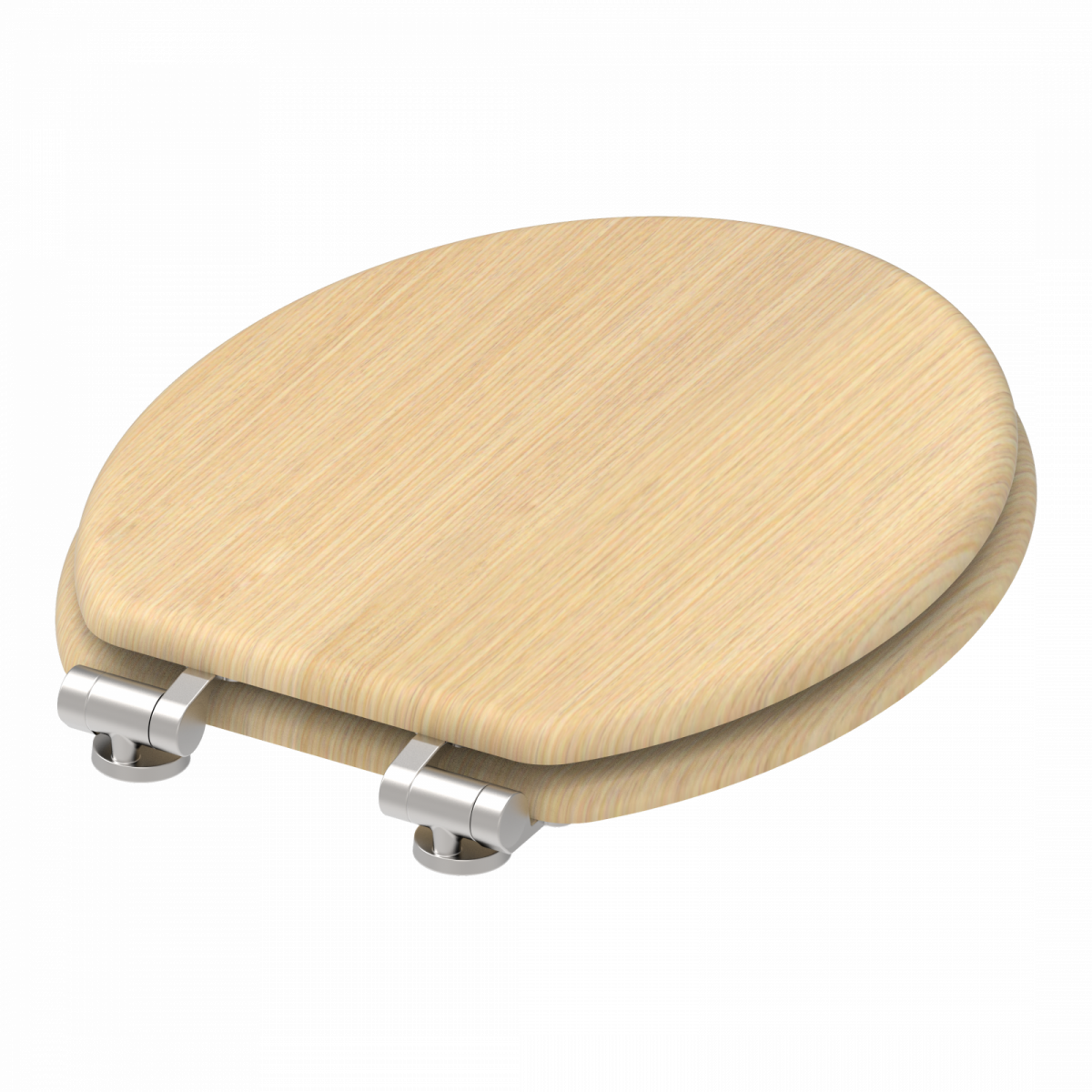 Runder WC-Sitz in Holzoptik mit silberfarbenen Metallscharnieren.