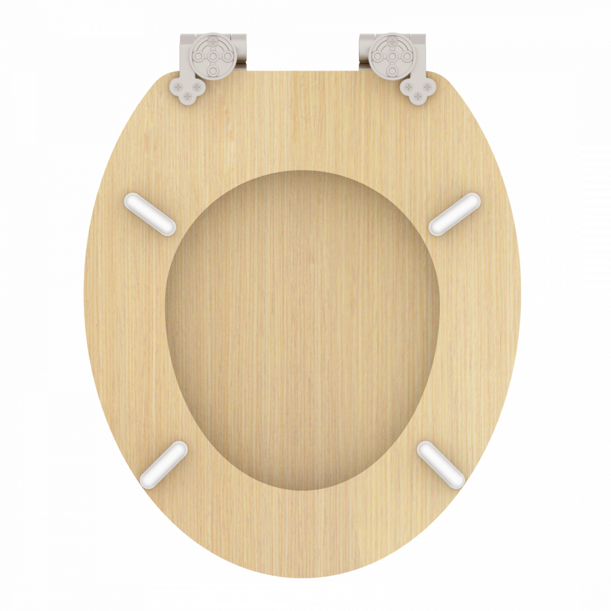 Ovaler WC-Sitz aus hell gemasertem Holz mit silberfarbenen Metallscharnieren.