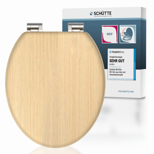 Runder Toilettensitz aus hellem Holz mit Metallscharnieren vor Produktverpackung.