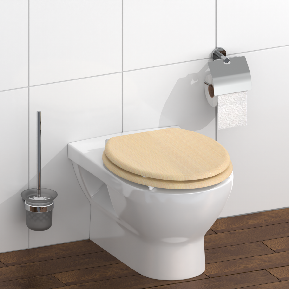 Wandhängende weiße Toilette mit Holzsitz, Toilettenpapierhalter und WC-Bürste daneben.