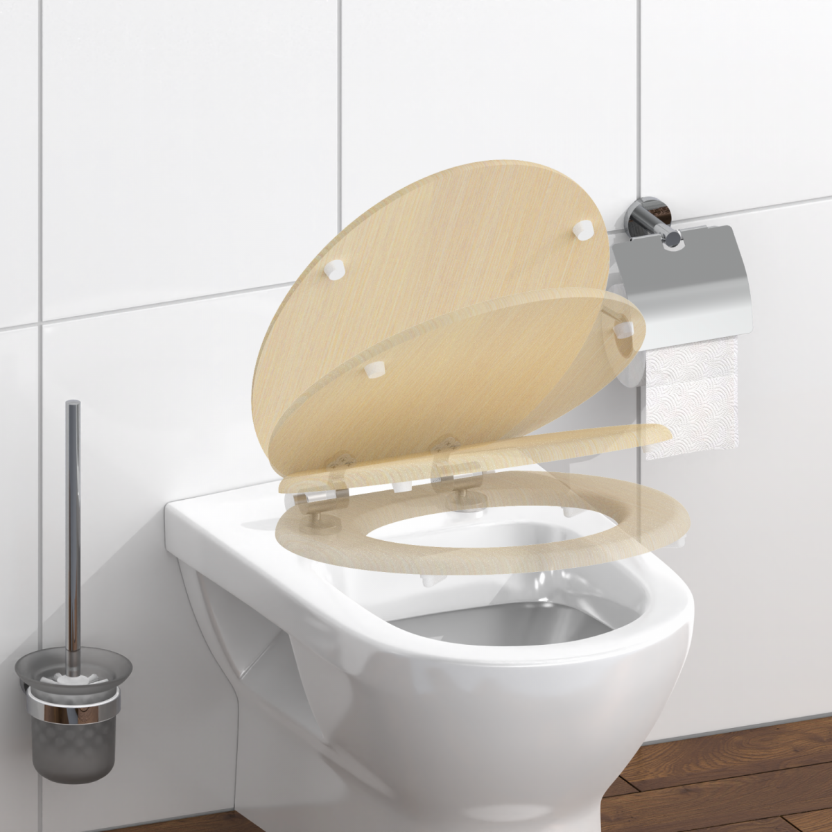 Beigefarbener WC-Sitz aus Holz über weißer Toilette mit Toilettenbürste und Papierhalter.