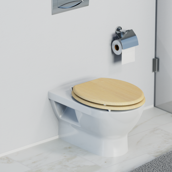 Wandhängende weiße Toilette mit geschlossenem Holzsitz und Toilettenpapierhalter daneben.