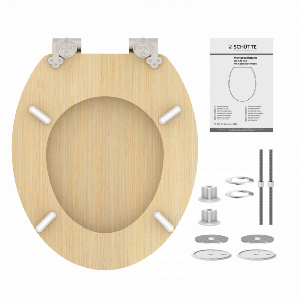 Hellbrauner WC-Sitz mit Metall-Scharnieren, Montageteilen und Anleitung.