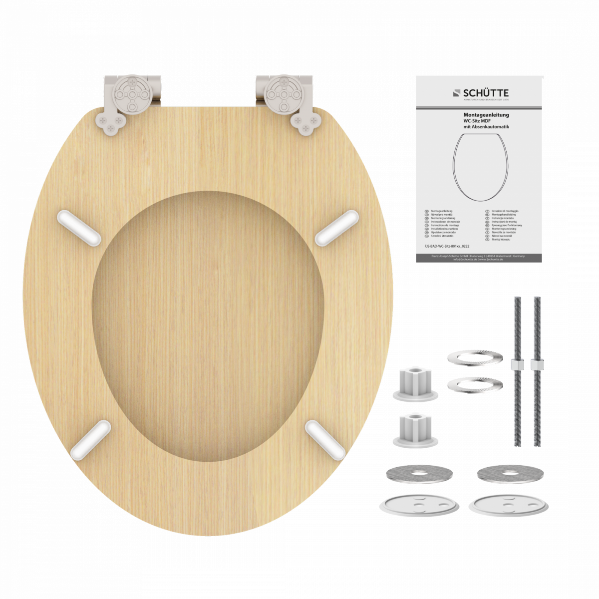 Hellbrauner WC-Sitz mit Metall-Scharnieren, Montageteilen und Anleitung.