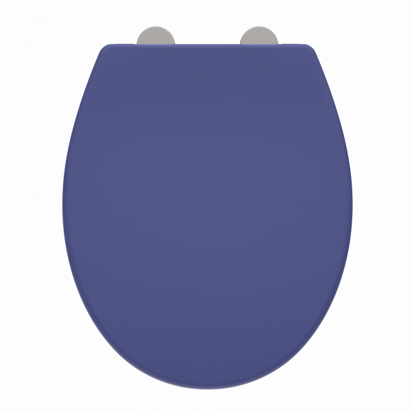 Dunkelblauer WC-Sitz mit ovaler Form und silberfarbenen Scharnieren.