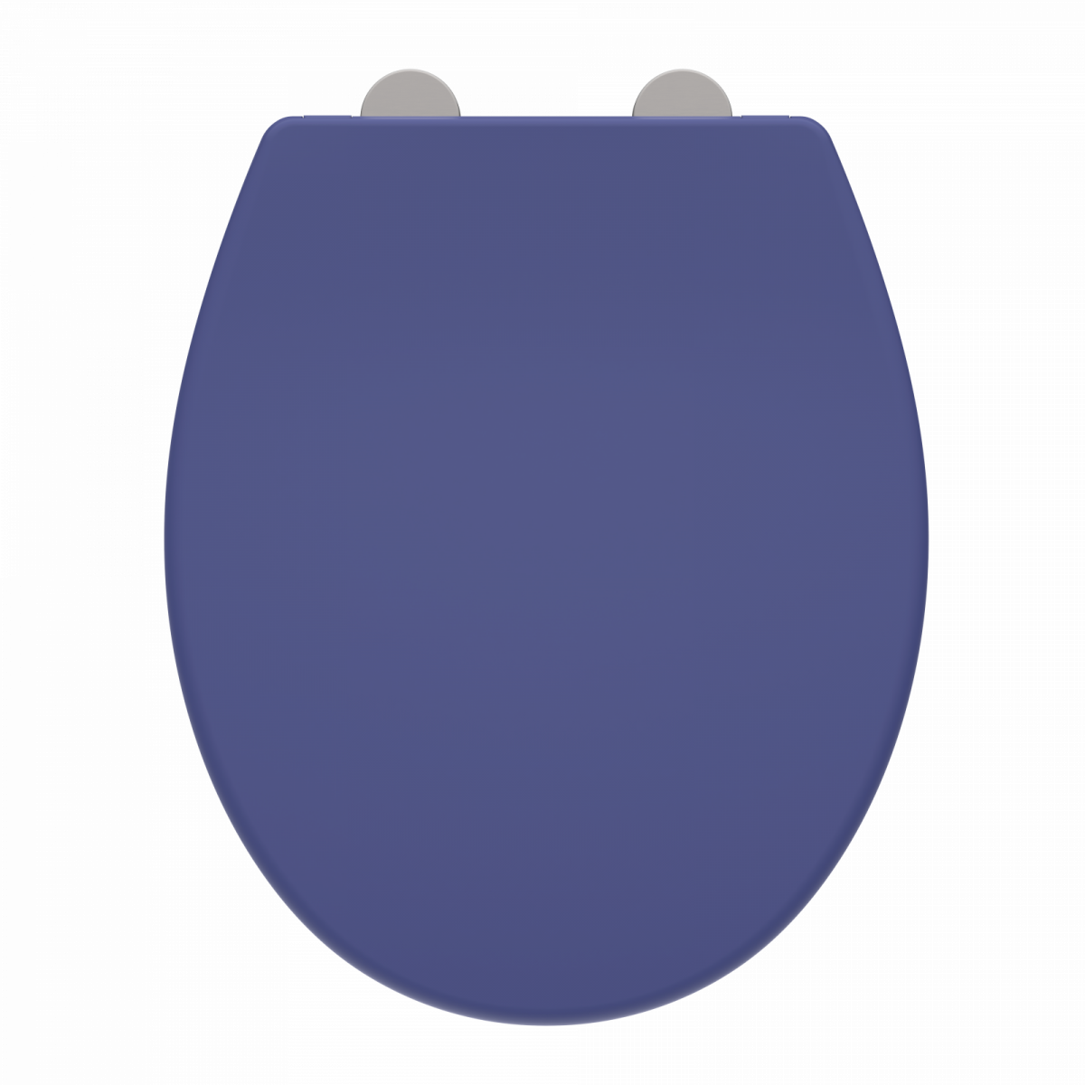 Dunkelblauer WC-Sitz mit ovaler Form und silberfarbenen Scharnieren.