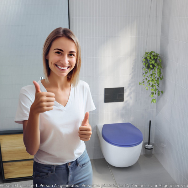 Person mit hochgestreckten Daumen in Badezimmer mit Toilette und blauem WC-Sitz.