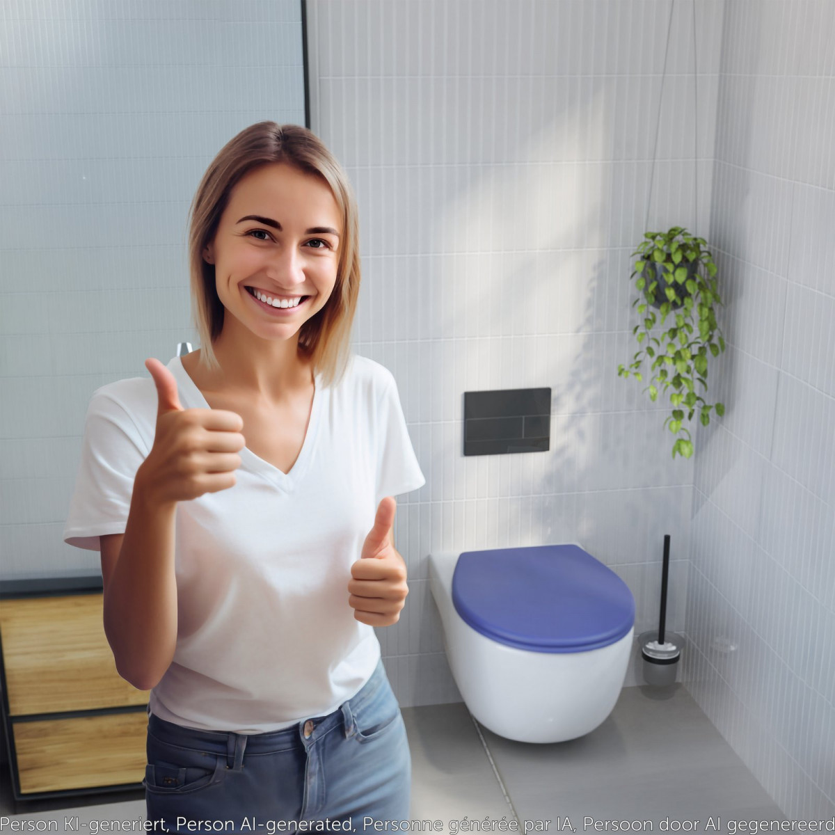 Person mit hochgestreckten Daumen in Badezimmer mit Toilette und blauem WC-Sitz.