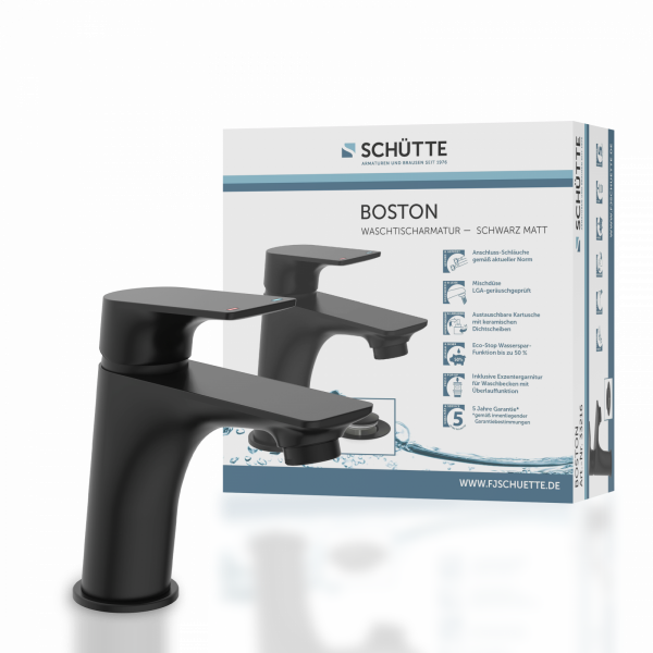 Schwarze Waschtischarmatur mit eckigem Hebelgriff vor Produktverpackung - Boston.