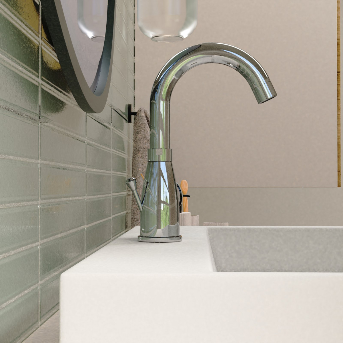 Verchromter Wasserhahn mit gebogenem Auslauf auf heller Waschbeckenablage.