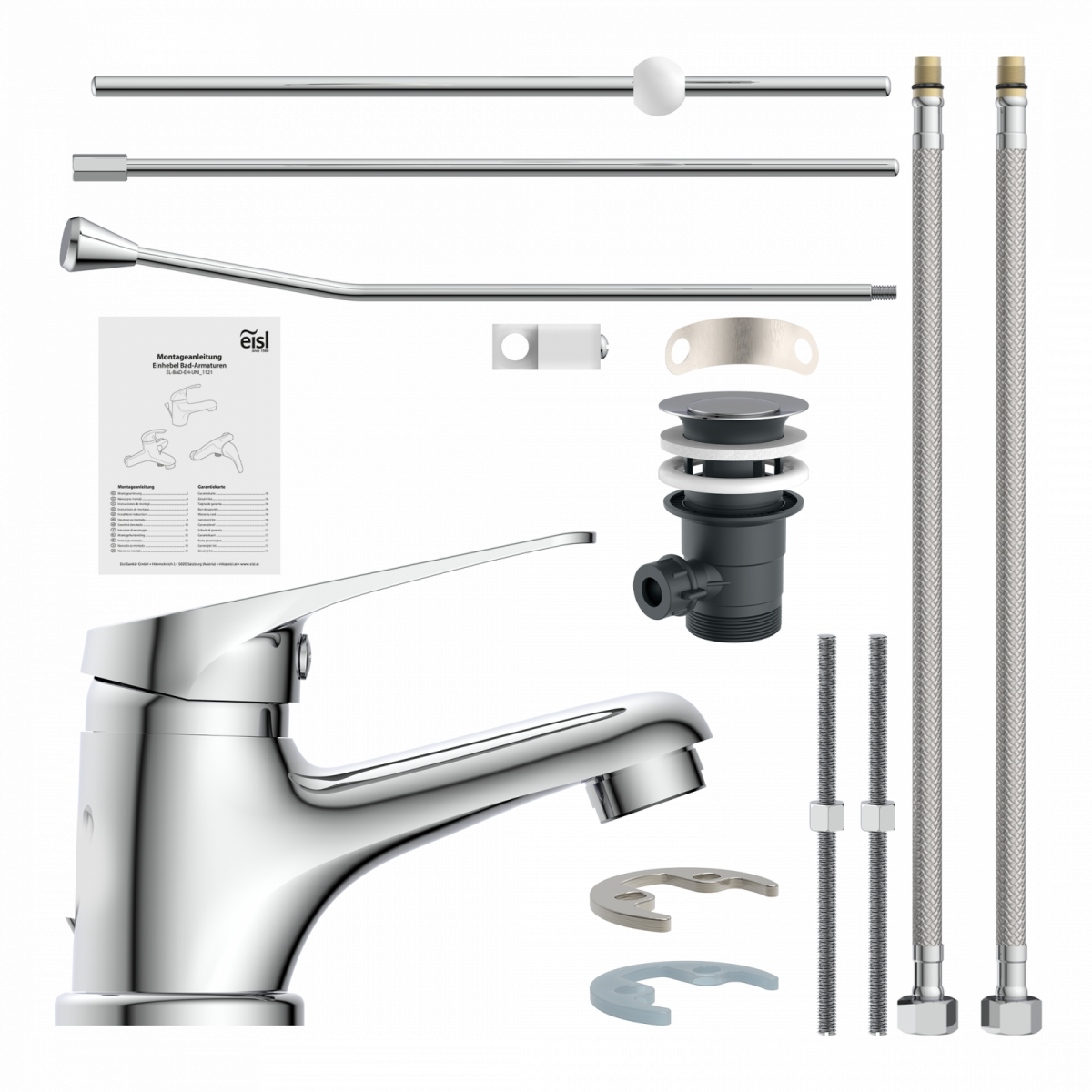 Chromfarbene Einhebelarmatur mit Ablaufsystem, Schläuchen, Montagematerial und Anleitung.