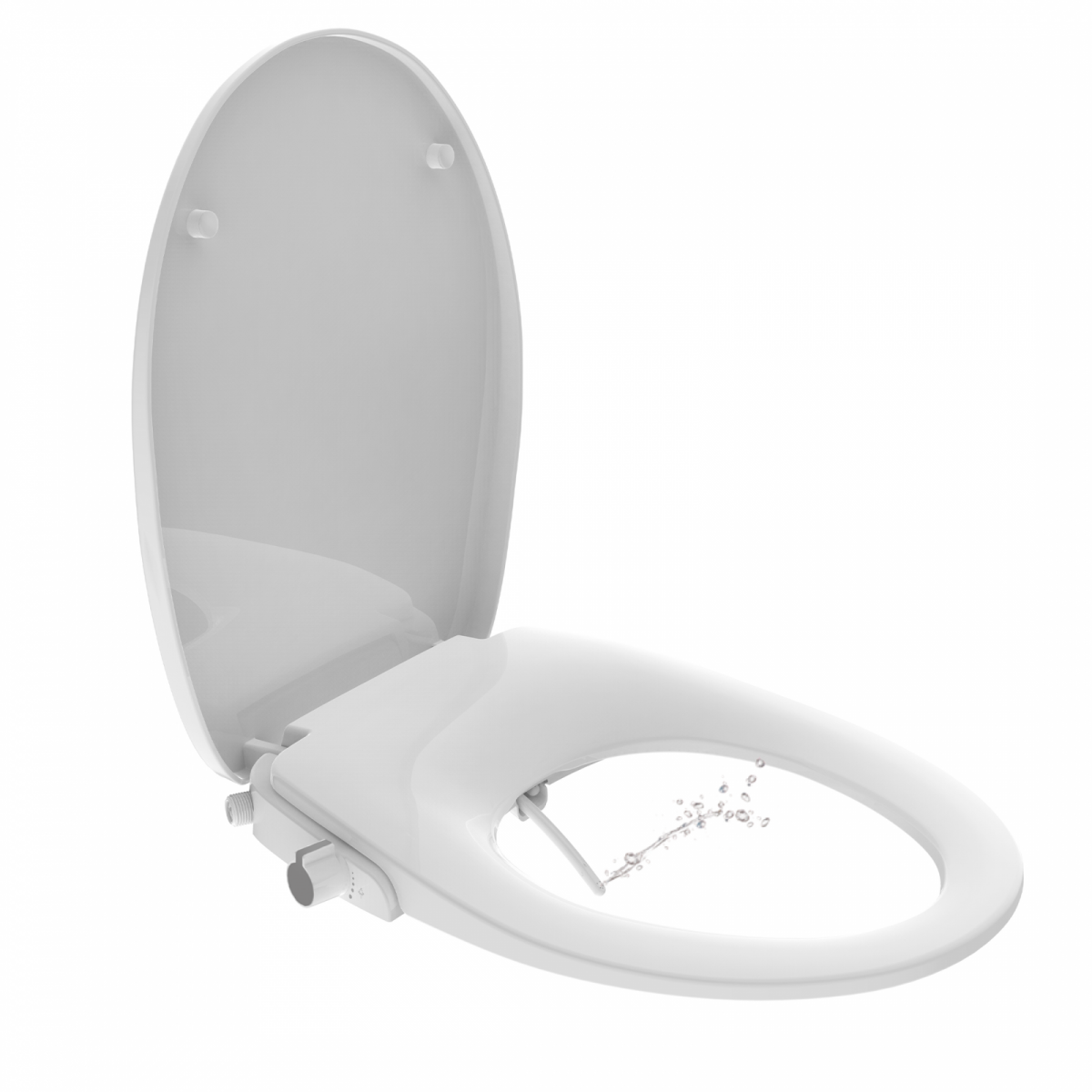 Weißer WC-Sitz mit geöffnetem Deckel und ausfahrender Wasserbrause.