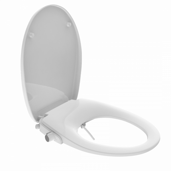 Weißer WC-Sitz mit offener Brille, Deckel und seitlichem Bedienhebel.