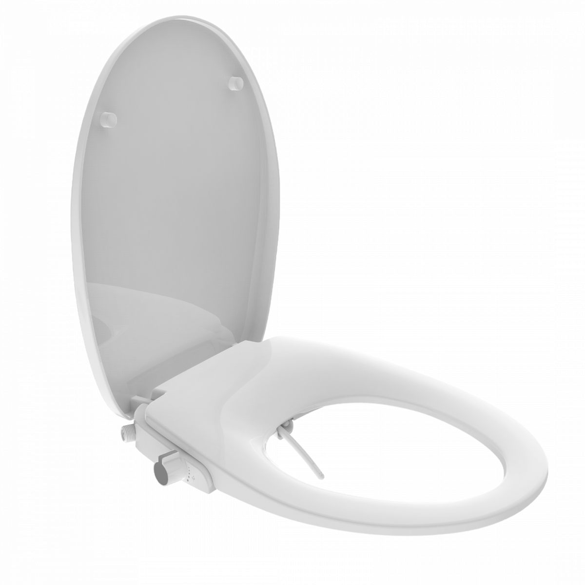 Weißer WC-Sitz mit offener Brille, Deckel und seitlichem Bedienhebel.