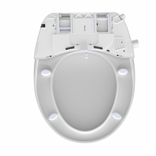 Weiße WC-Sitzbrille mit integriertem Deckel und sichtbaren Düsenöffnungen.