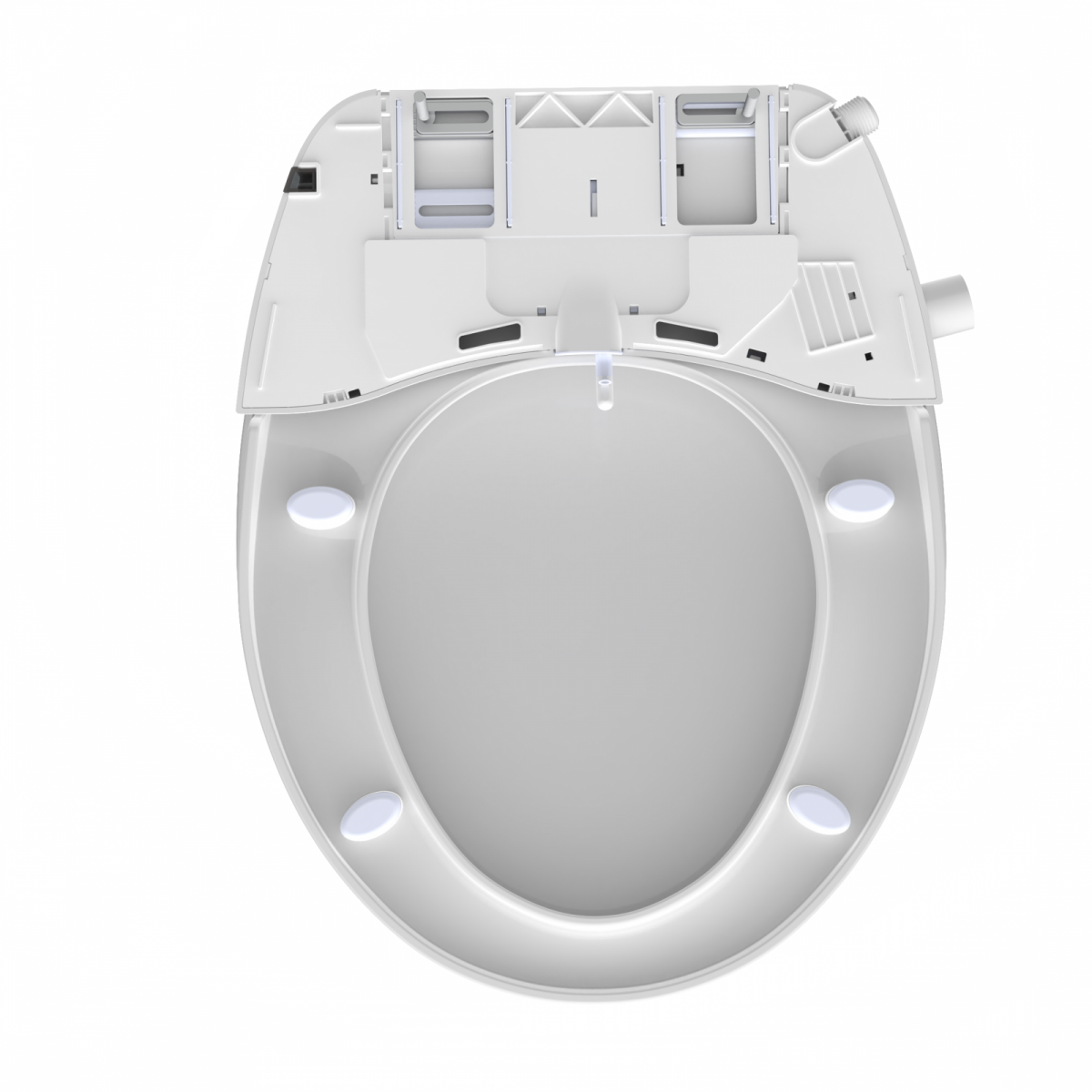 Weiße WC-Sitzbrille mit integriertem Deckel und sichtbaren Düsenöffnungen.