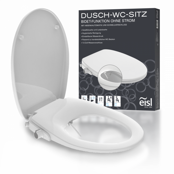 Weißer WC-Sitz mit Bidetfunktion und augeklapptem Deckel vor Produktverpackung.