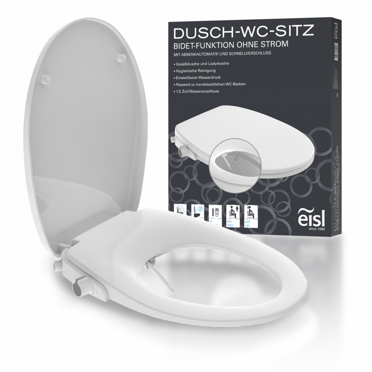 Weißer WC-Sitz mit Bidetfunktion und augeklapptem Deckel vor Produktverpackung.