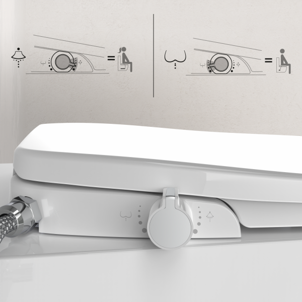 Weißer Toilettenaufsatz mit Drehregler und Symbolen für verschiedene Duschfunktionen.