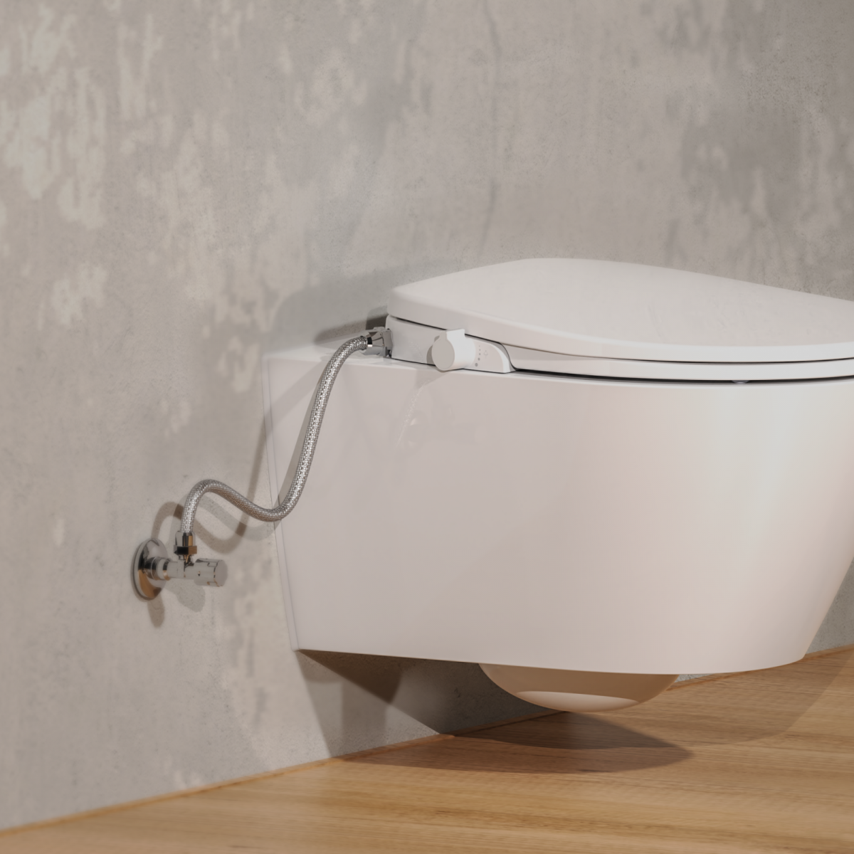 Wandhängendes weißes WC mit angeschlossenem flexiblen Metallwasserschlauch.