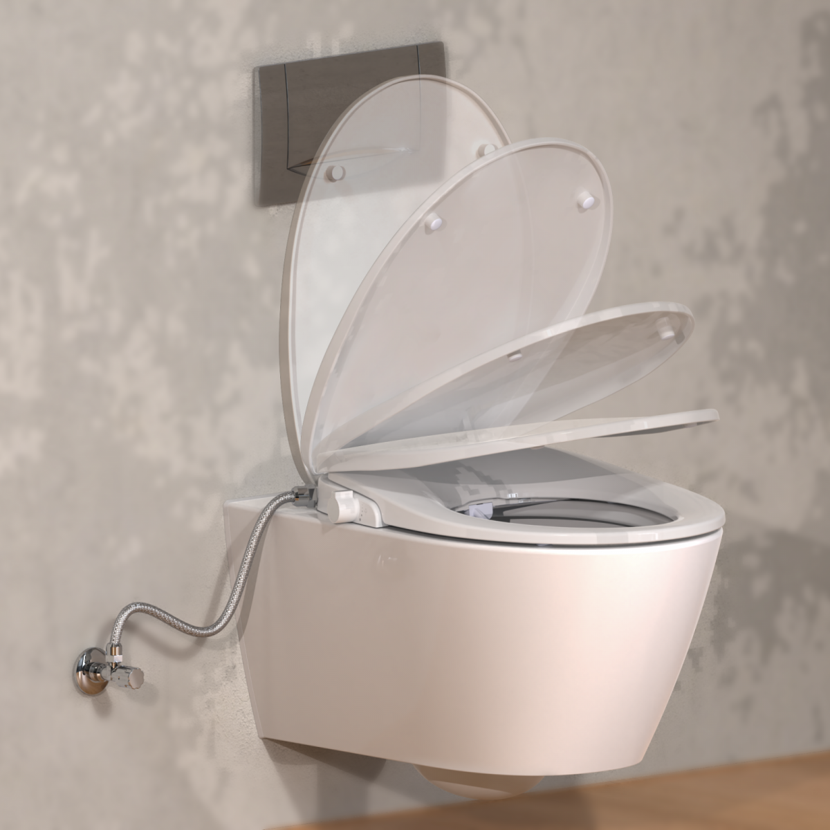Wandhängendes WC mit geöffnetem Deckel und sichtbarem Anschluss am Spülkasten.