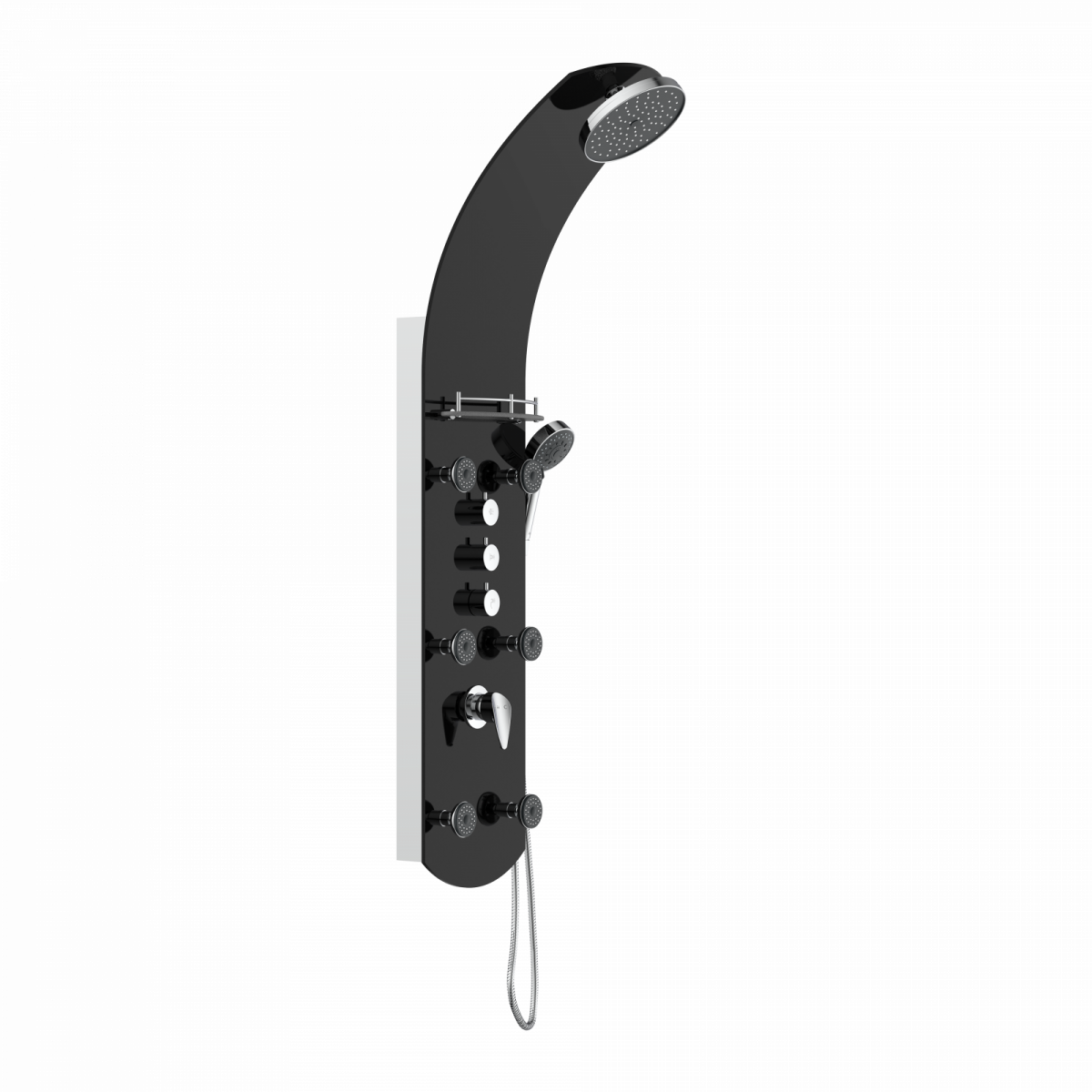 Schwarze Duschsäule mit Überkopfbrause, Handbrause, Düsen und Bedienelementen.