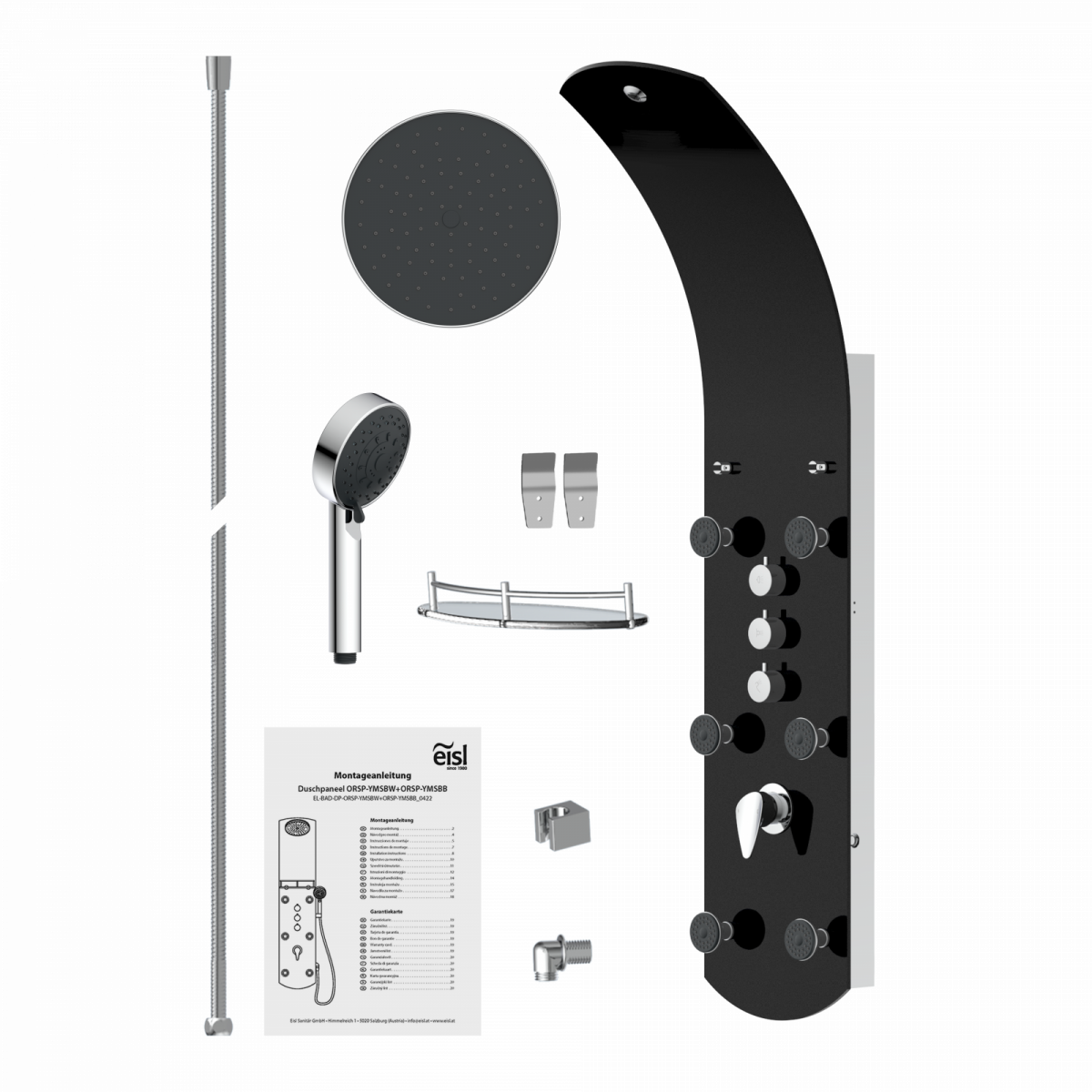 Schwarzes Duschpaneel mit Regendusche, Handbrause, Armatur, Brauseschlauch und Montageset.