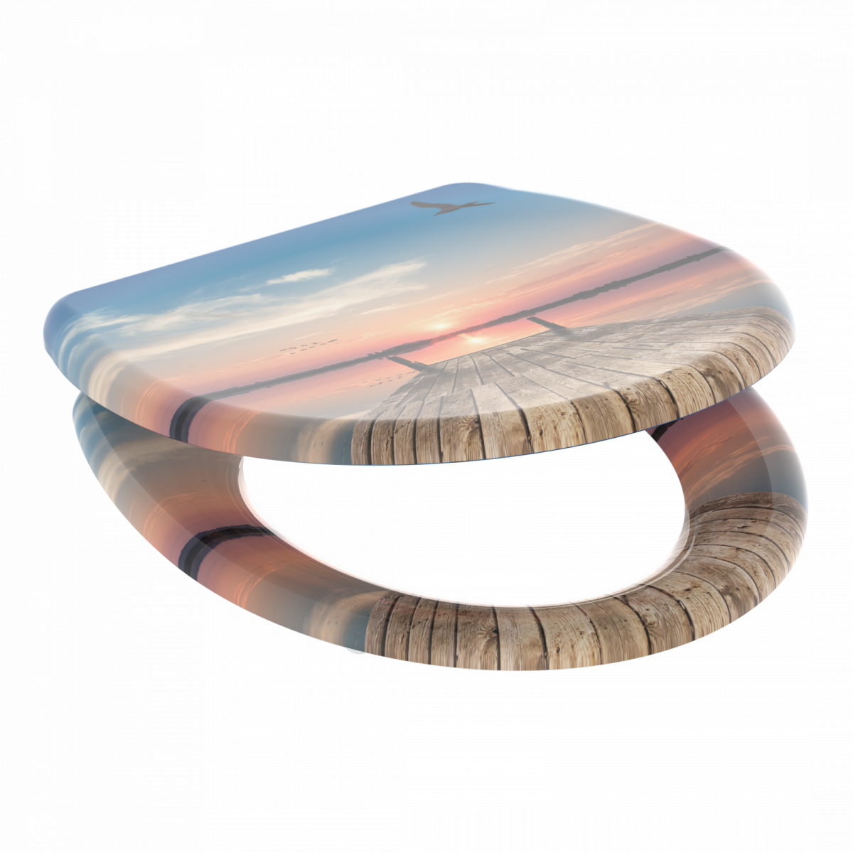 Toilettensitz mit Motiv eines Holzstegs über dem Wasser bei Sonnenuntergang.