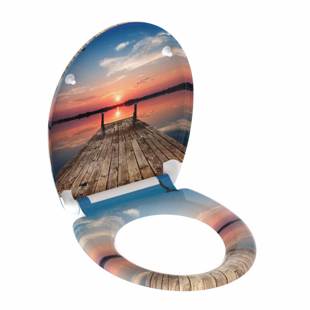 WC-Sitz mit Motiv eines Holzstegs über Wasser bei Sonnenuntergang.