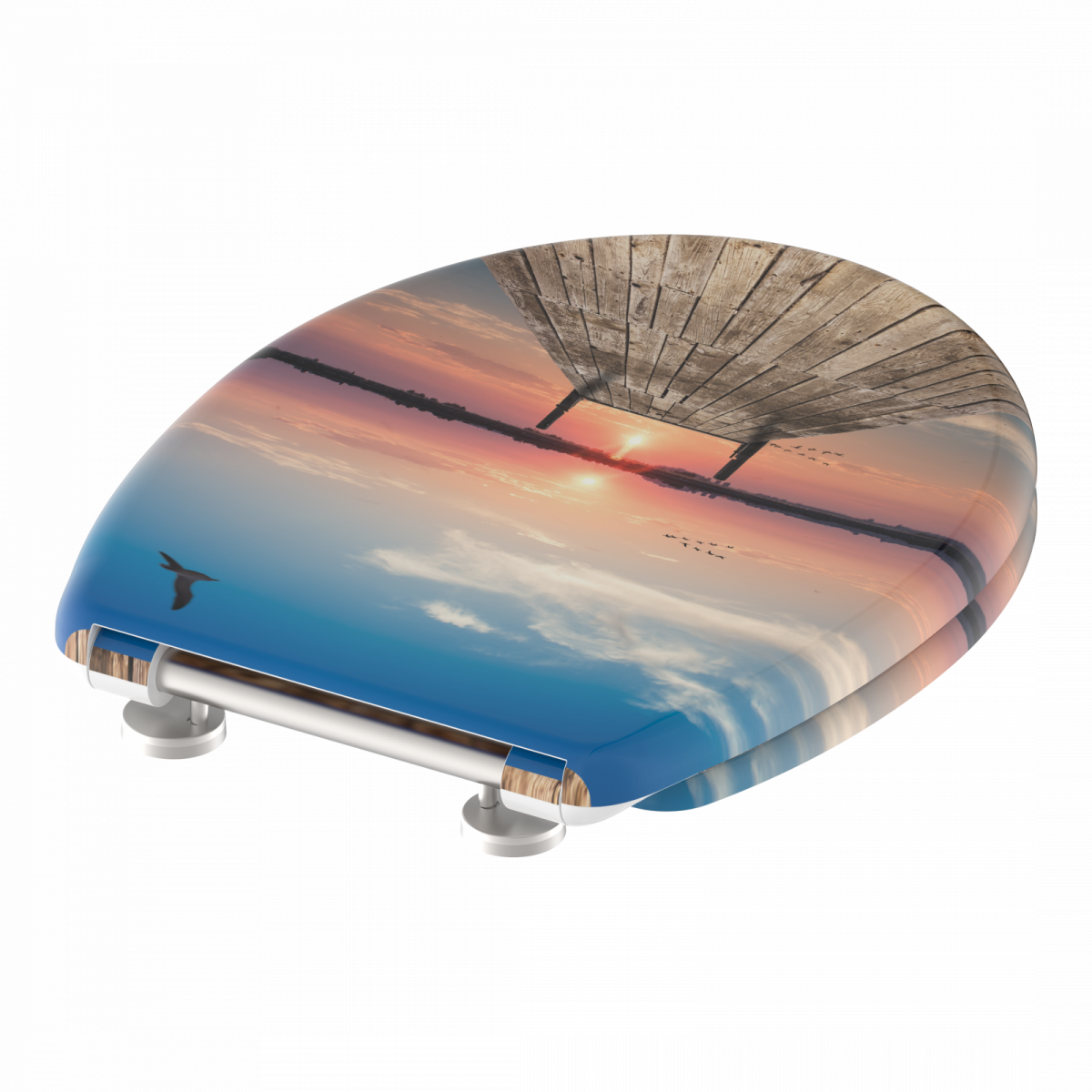 Toilettensitz mit Motiv eines Holzstegs über Wasser bei Sonnenuntergang.