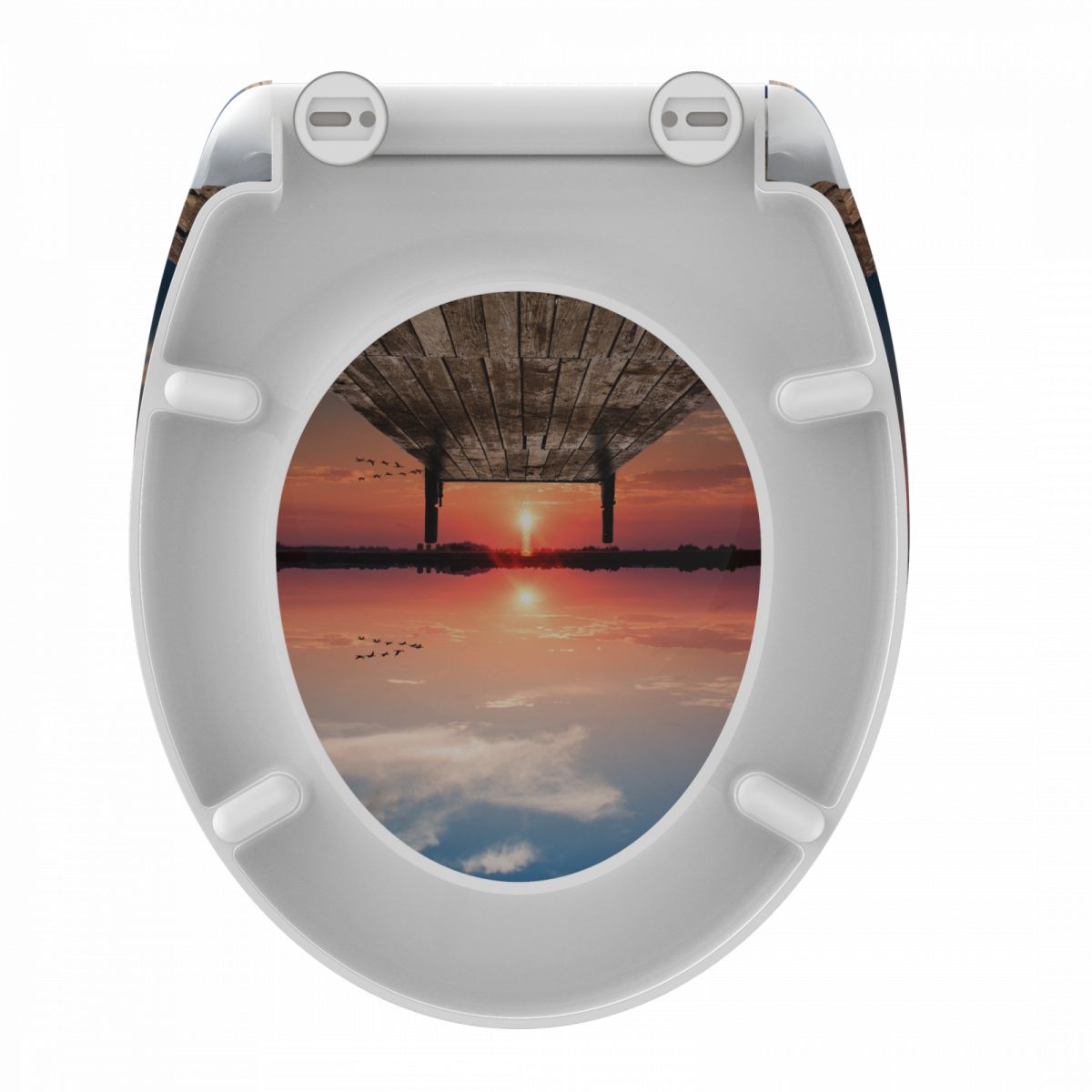 Toilettensitz mit Motiv eines Holzstegs über Wasser bei Sonnenuntergang.