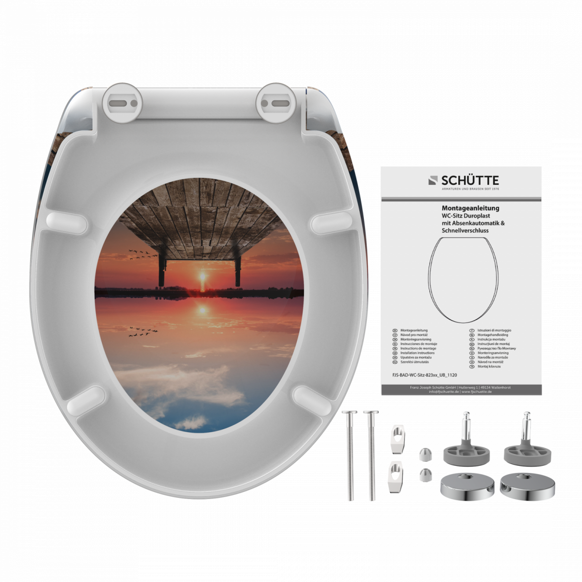 Weißer WC-Sitz mit Motiv eines Sonnenuntergangs über Wasser und Montageset mit Anleitung.
