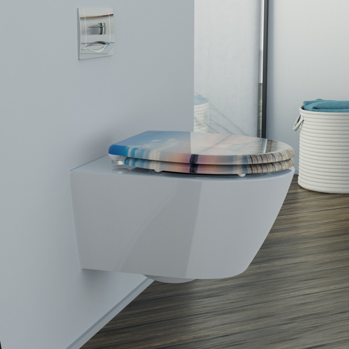 Wandhängende weiße Toilette mit geschlossenem Sitz in mehrfarbigem Design.