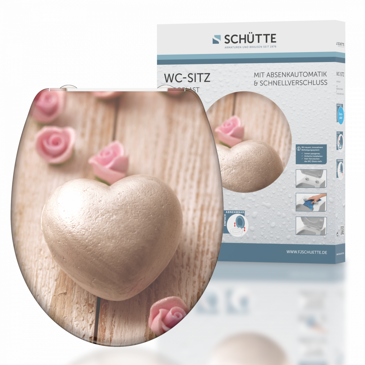 Duroplast WC-Sitz ROMANTIC, Herz Motiv, mit Absenkautomatik und Schnellverschluss