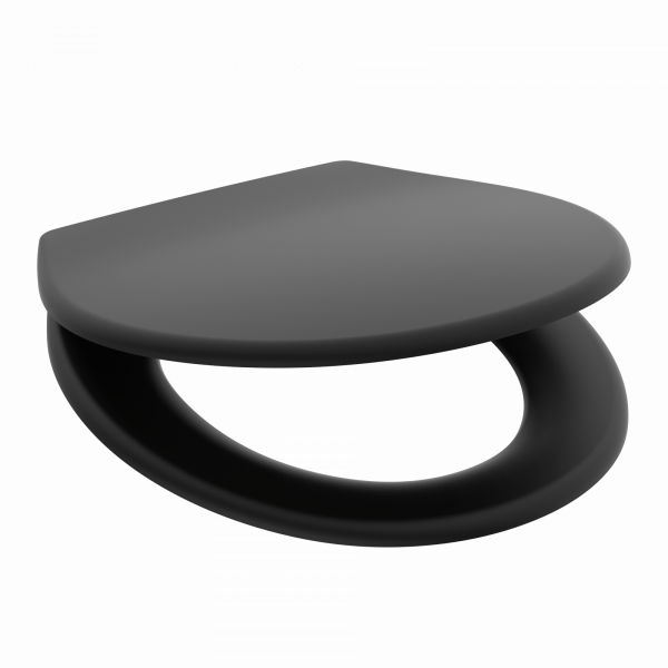 Schwarzer Toilettensitz aus Kunststoff mit geschlossener Deckel- und offener Sitzbrille.