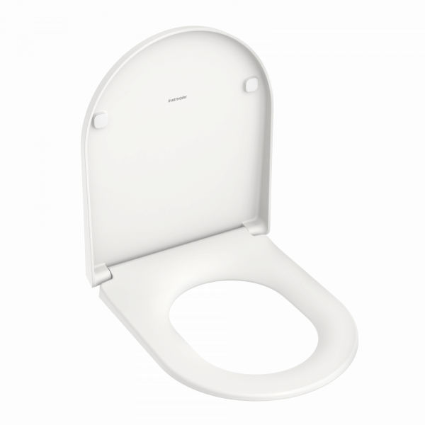 Weißer WC-Sitz mit geöffnetem Deckel und ovaler Sitzfläche.